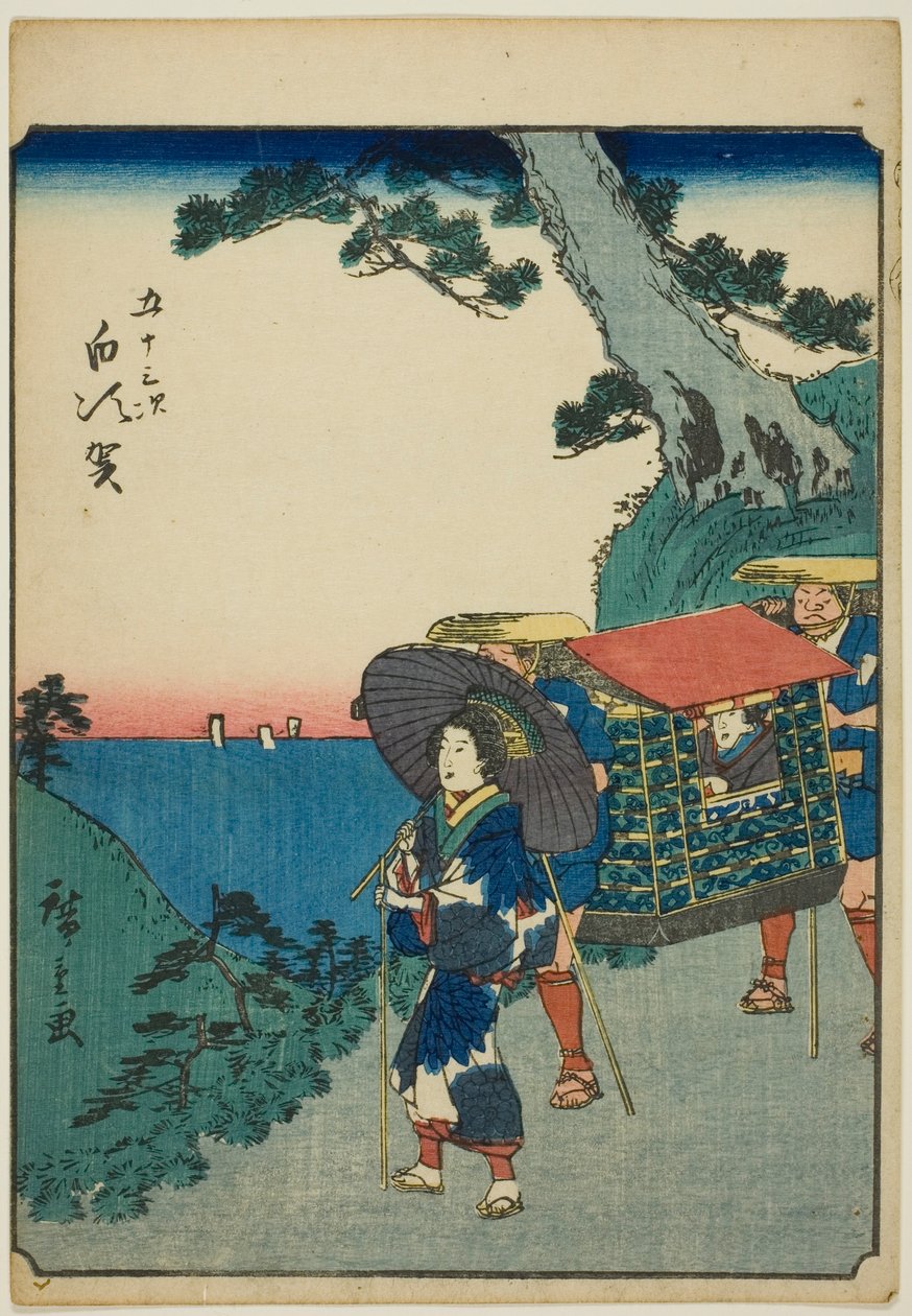 Shirasuka, dalla serie "Le cinquantatré stazioni [del Tokaido] (Gojusan tsugi)," conosciuta anche come il Tokaido delle figure (Jinbutsu Tokaido) da Utagawa Hiroshige