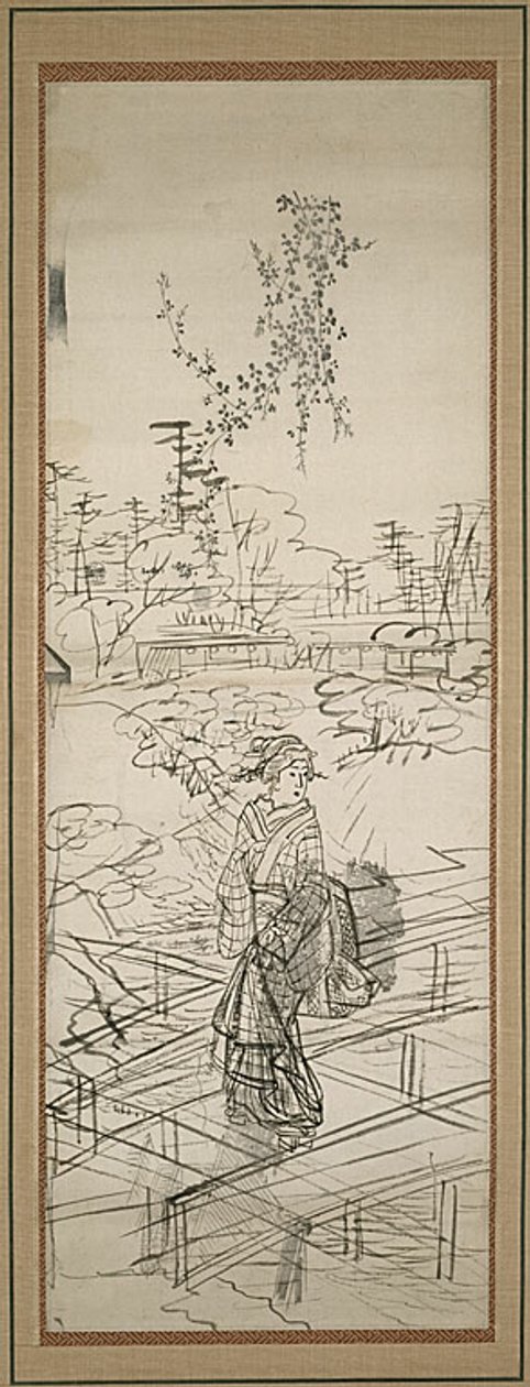 Schizzo di donna che attraversa il ponte da Utagawa Hiroshige