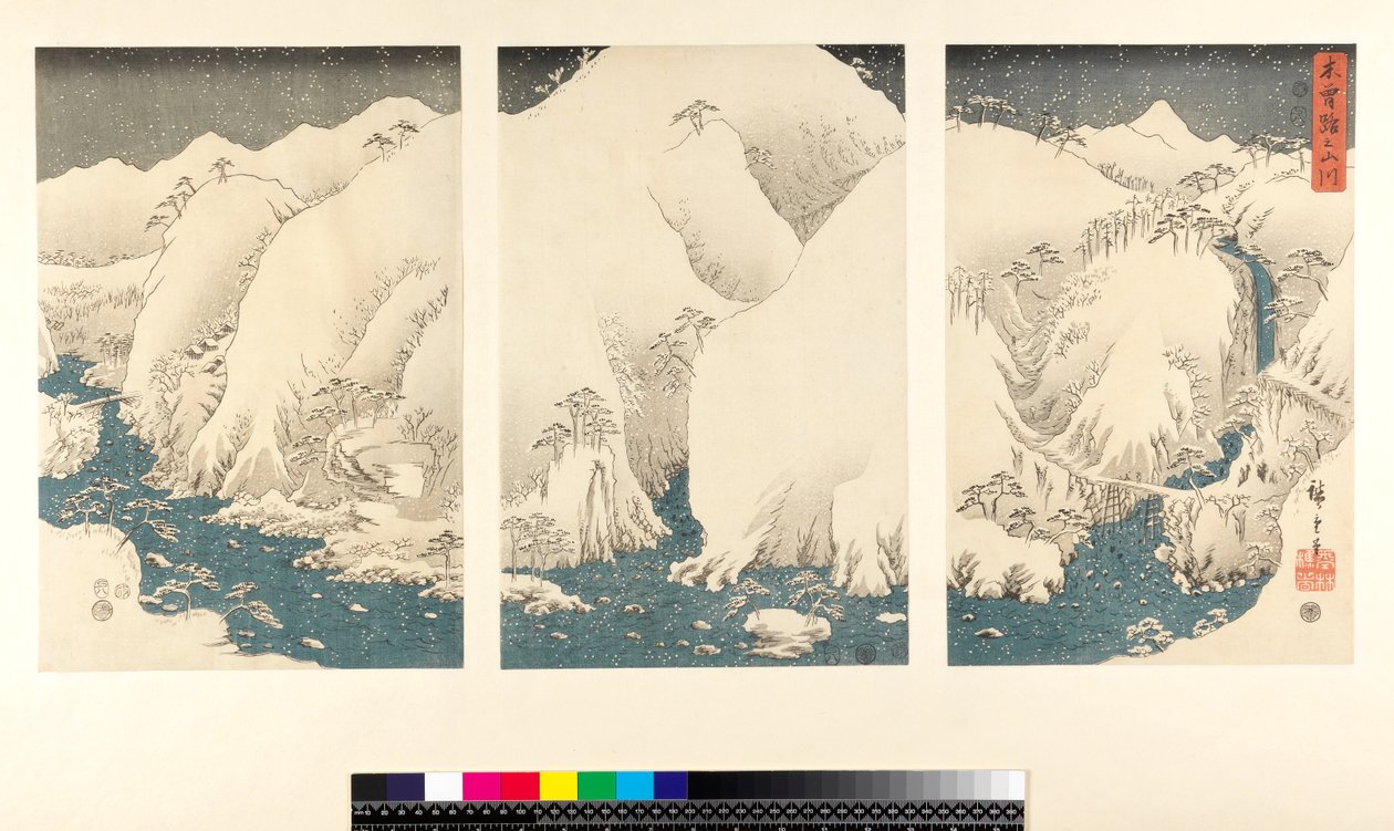 Tempesta di neve nelle montagne e nei fiumi di Kiso da Utagawa Hiroshige