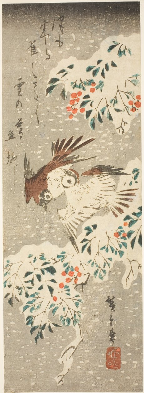 Passeri che svolazzano intorno a nandina coperta di neve mentre cade altra neve da Utagawa Hiroshige