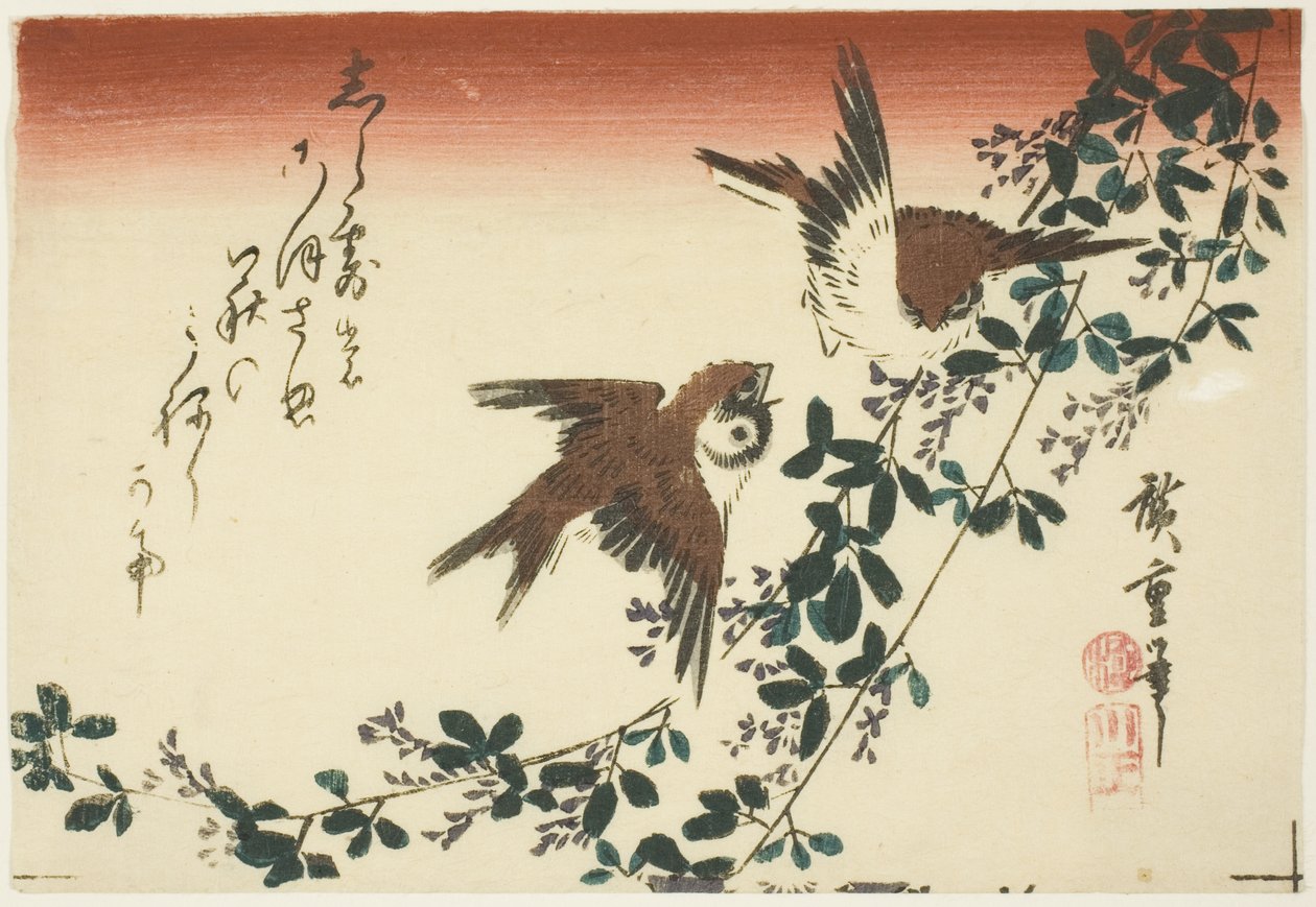 Passeri e trifoglio cespuglioso da Utagawa Hiroshige
