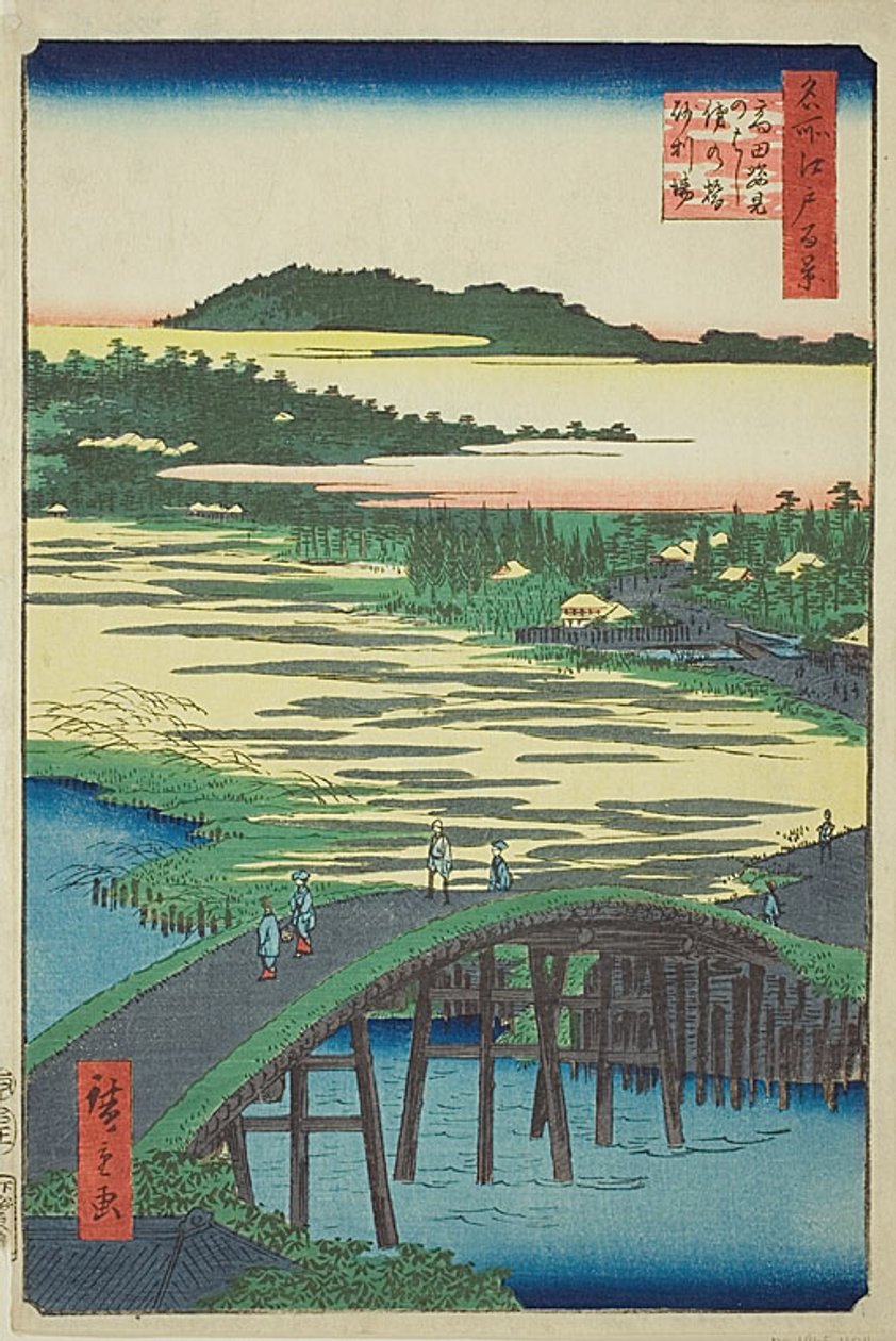 Ponte Sugatami, ponte Omokage e cava di ghiaia a Takata (Takata Sugataminohashi Omokagenohashi jariba), n. 116 della serie "Cento vedute famose di Edo (Meisho Edo hyakkei)". da Utagawa Hiroshige
