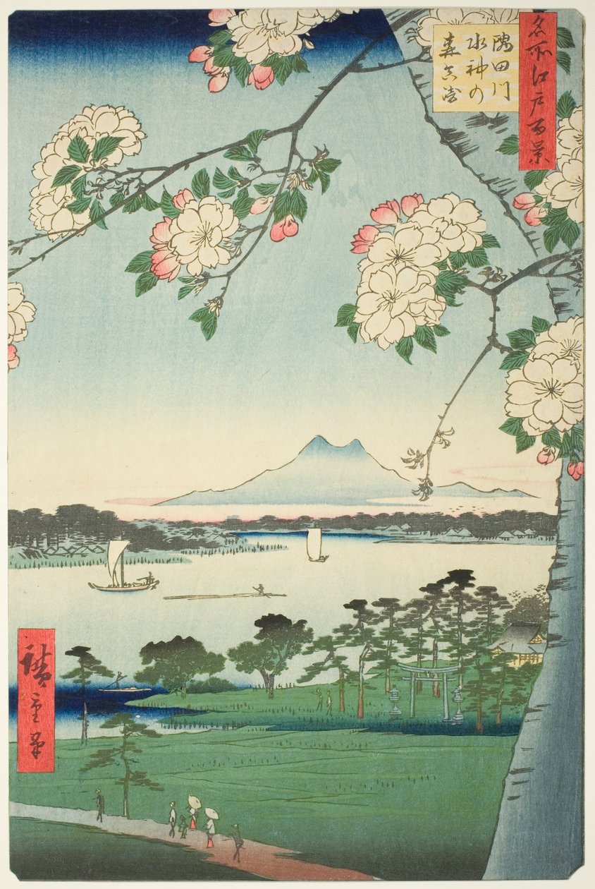 Santuario di Suijin e Massaki sul fiume Sumida (Sumidagawa Suijin no mori Massaki), dalla serie "Cento vedute famose di Edo (Meisho Edo hyakkei)" da Utagawa Hiroshige