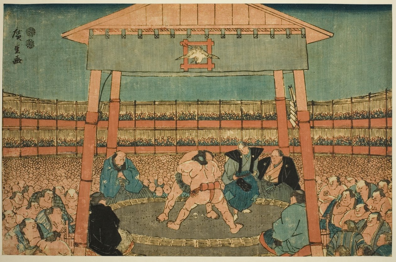 Incontro di sumo nei recinti del tempio Ekoin (Ekoin keidai sumo no zu), dalla serie "Ryogoku nella capitale orientale (Toto Ryogoku)" da Utagawa Hiroshige