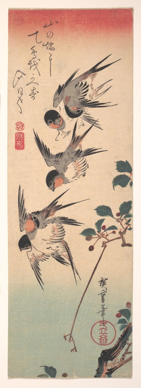 Schwalben und blühende Wildkirsche da Utagawa Hiroshige
