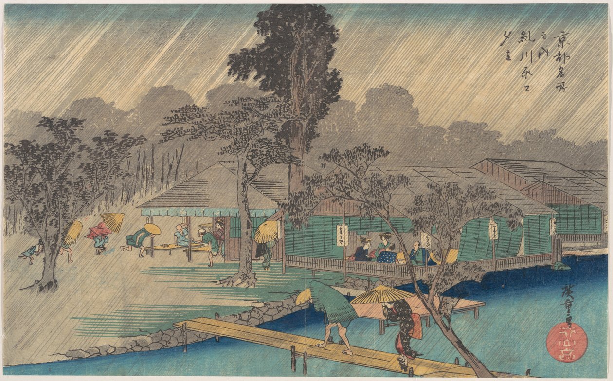 Case da tè sulla riva del fiume Tadasu durante un acquazzone da Utagawa Hiroshige