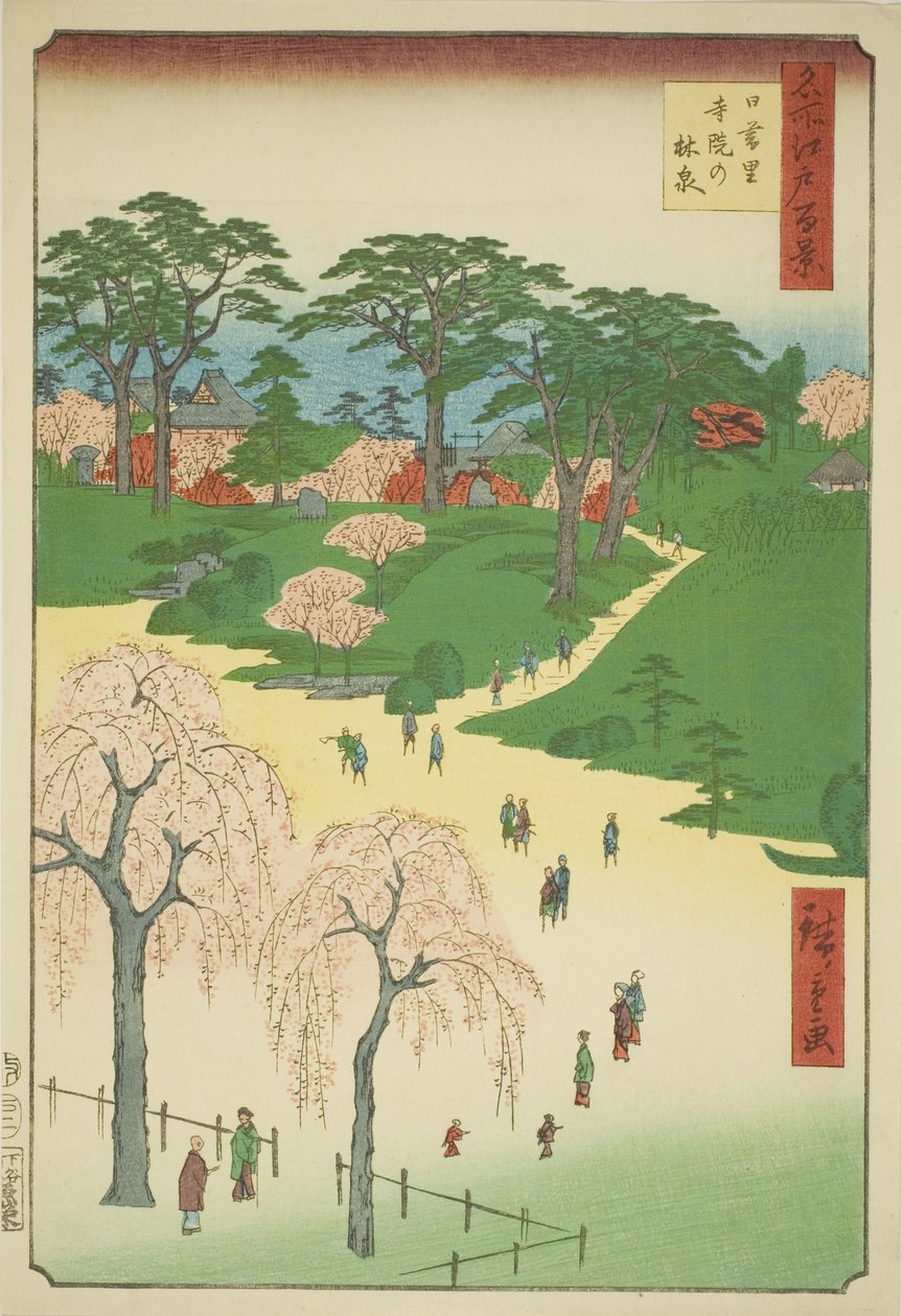 Giardini del tempio a Nippori (Nippori jiin no rinsen), dalla serie "Cento vedute famose di Edo (Meisho Edo hyakkei)" da Utagawa Hiroshige