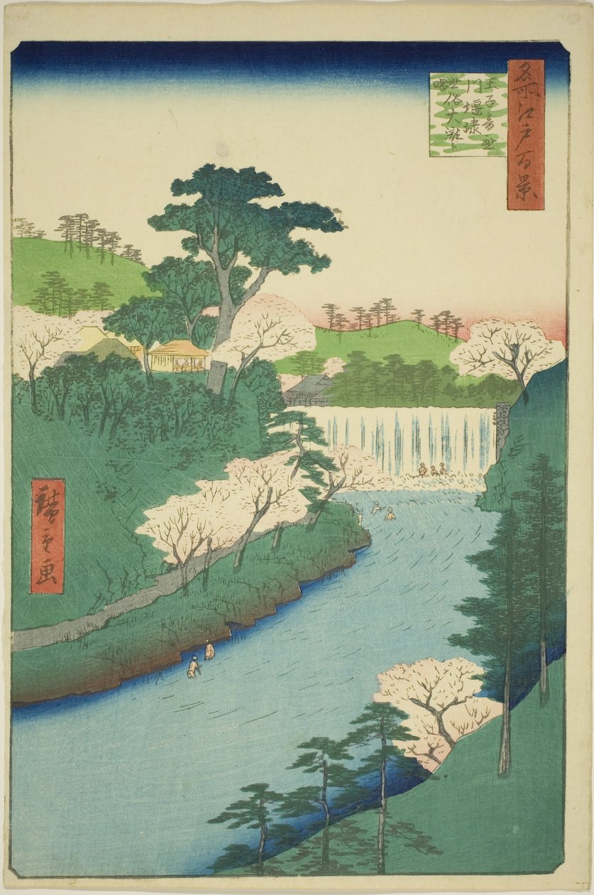 La diga sul fiume Otonashi a Oji, comunemente chiamata "La grande cascata", dalla serie "Cento famose vedute di Edo" da Utagawa Hiroshige