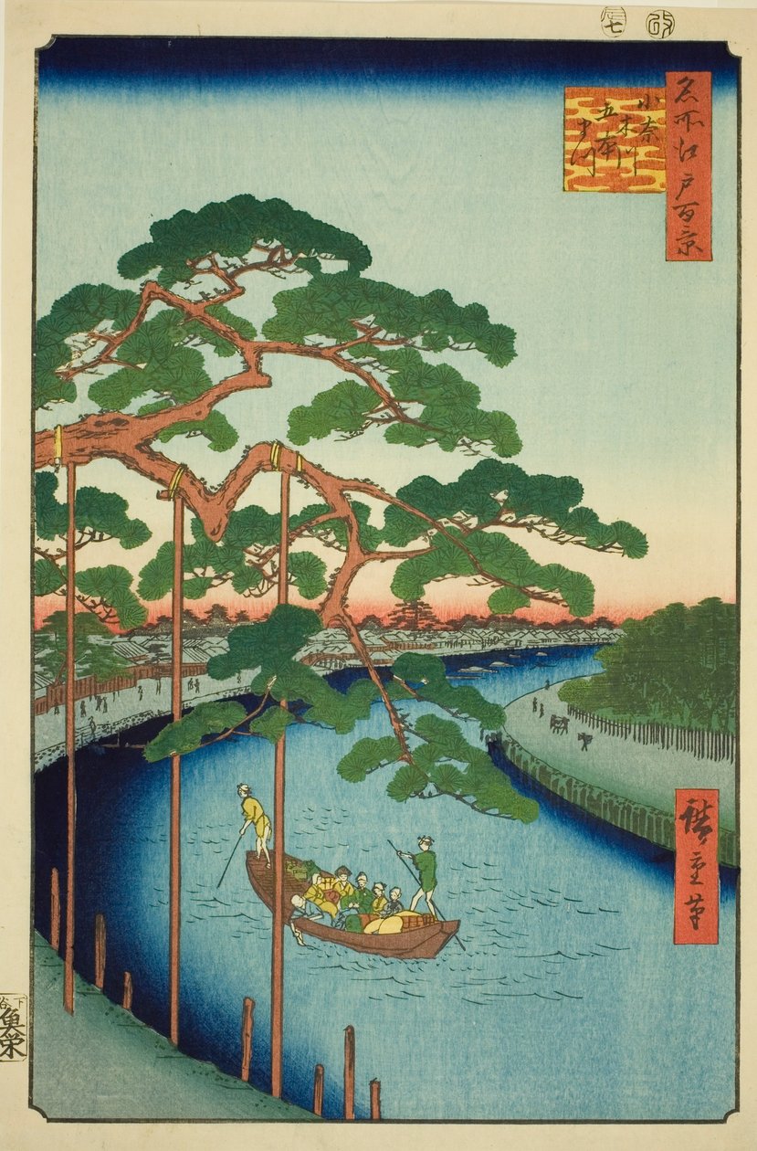 I Cinque Pini sul Fiume Onagi (Onagigawa Gohonmatsu), dalla serie "Cento Vedute Famose di Edo (Meisho Edo hyakkei)" da Utagawa Hiroshige