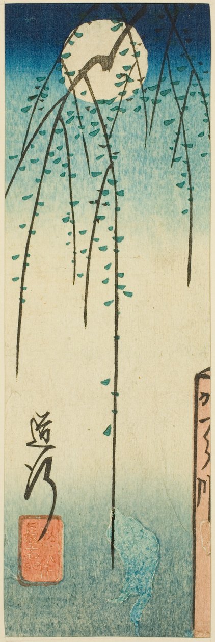 La scena Michiyuki dalla commedia Ohan e Choemon (Michiyuki, Ohan Choemon), sezione di un foglio dalla serie "Riflessioni di drammi in ritagli (Harimaze joruri kagami)" da Utagawa Hiroshige