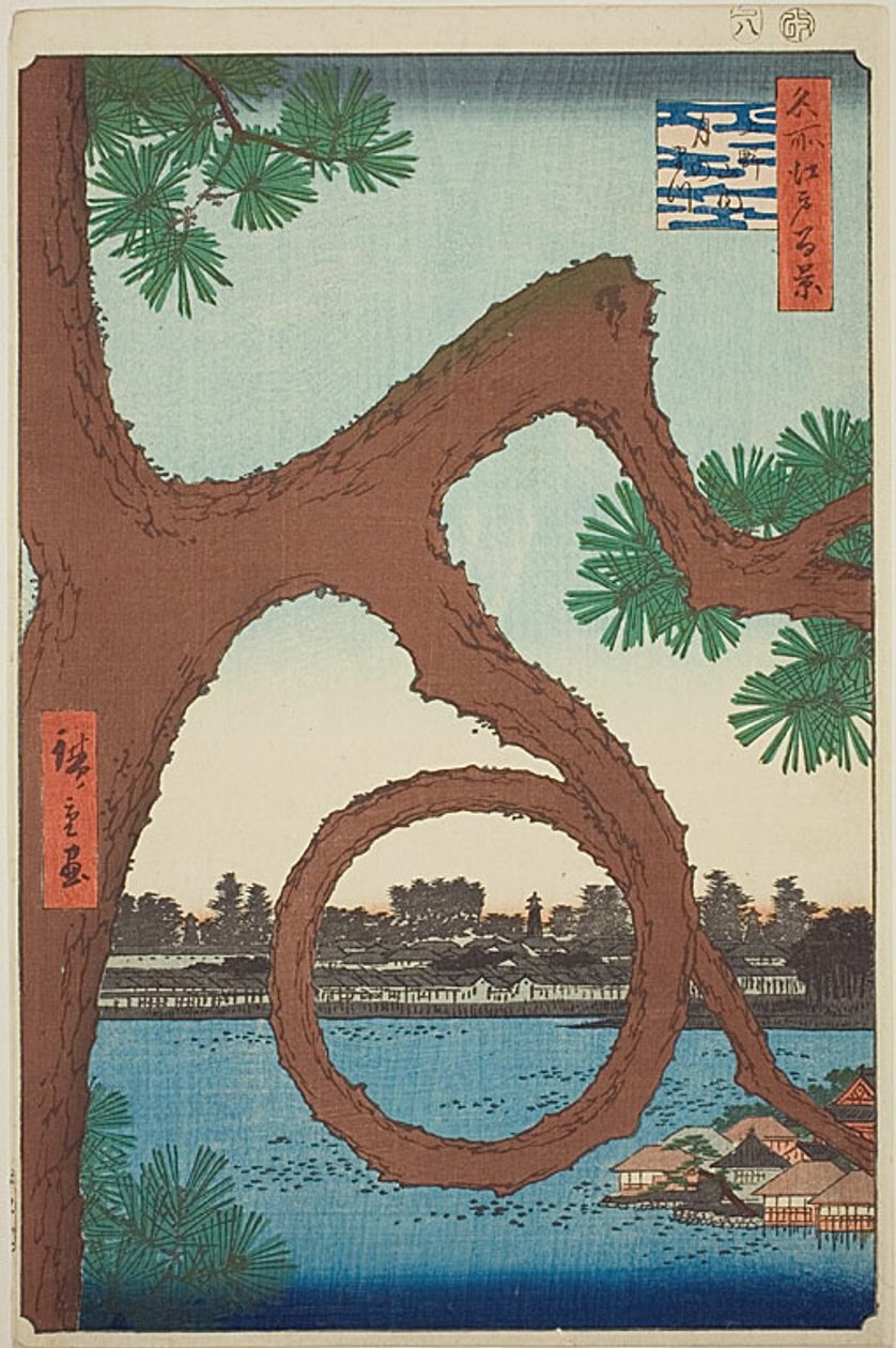 Il pino della luna sul terreno del tempio di Ueno (Ueno sannai Tsuki no matsu), dalla serie "Cento vedute famose di Edo (Meisho Edo hyakkei)". da Utagawa Hiroshige