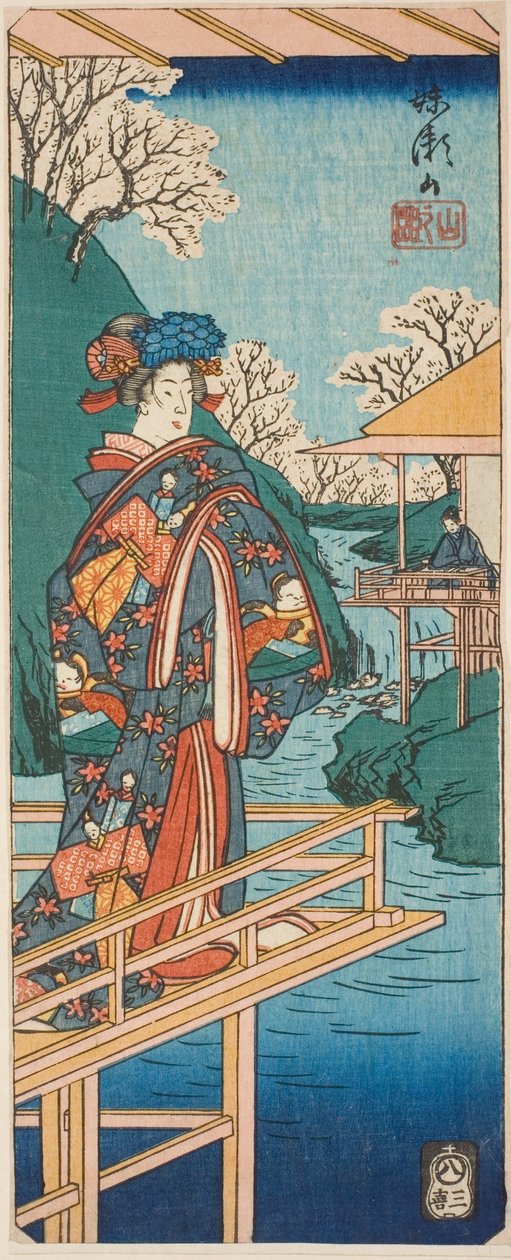 La scena della montagna dal dramma Imoseyama (Imoseyama, yama no dan), sezione di un foglio dalla serie "Riflessioni di drammi in ritagli (Harimaze joruri kagami)" da Utagawa Hiroshige