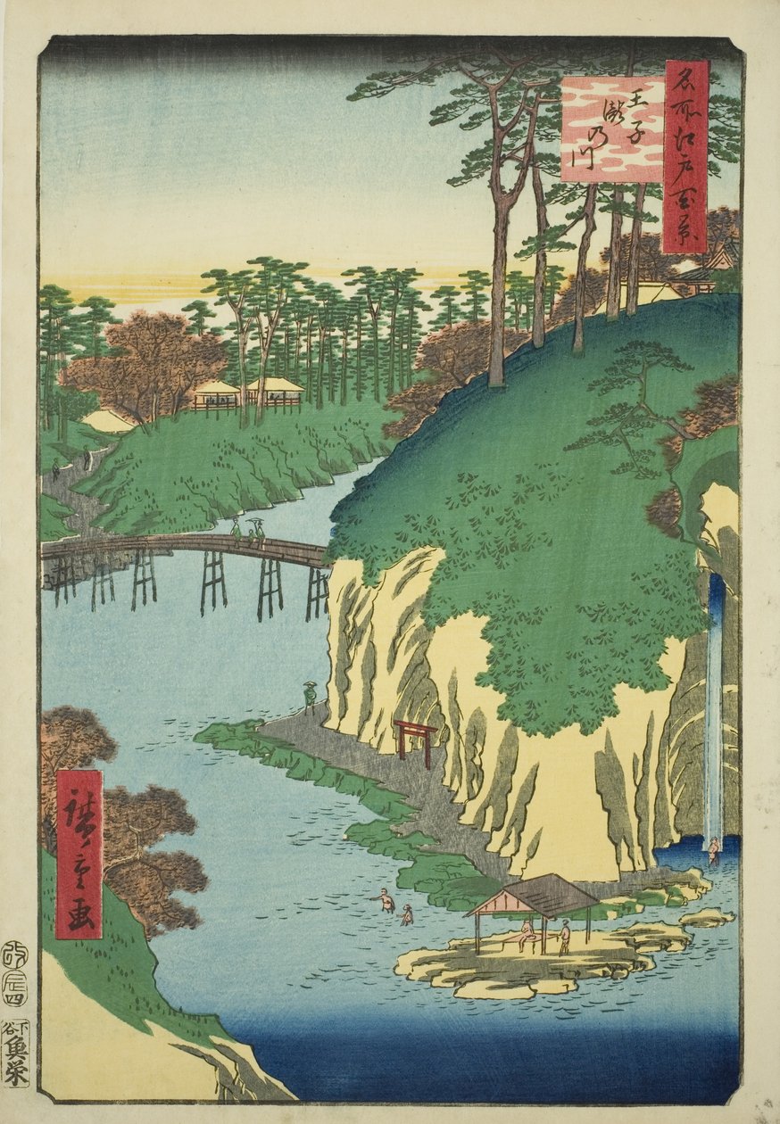 Il Fiume delle Cascate a Oji (Oji Takinogawa), dalla serie "Cento Vedute Famose di Edo (Meisho Edo hyakkei)" da Utagawa Hiroshige