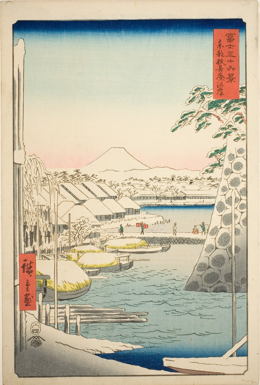 La riva del fiume a Sukiya nella Capitale Orientale (Toto Sukiyagashi), dalla serie "Trentasei vedute del Monte Fuji (Fuji sanjurokkei)" da Utagawa Hiroshige