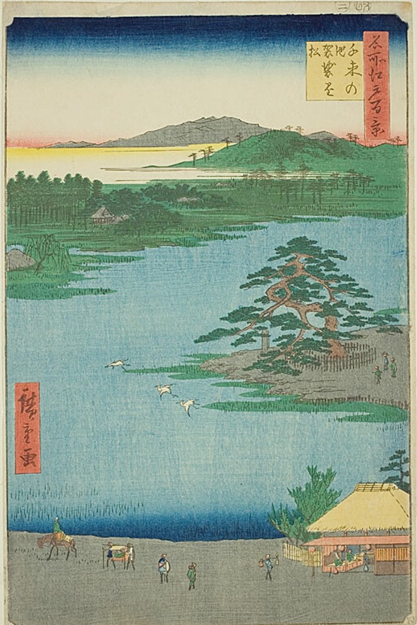 Il pino appeso allo stagno di Senzoku (Senzoku no ike Kesakakematsu), n. 110 della serie "Cento vedute famose di Edo (Meisho Edo hyakkei)". da Utagawa Hiroshige