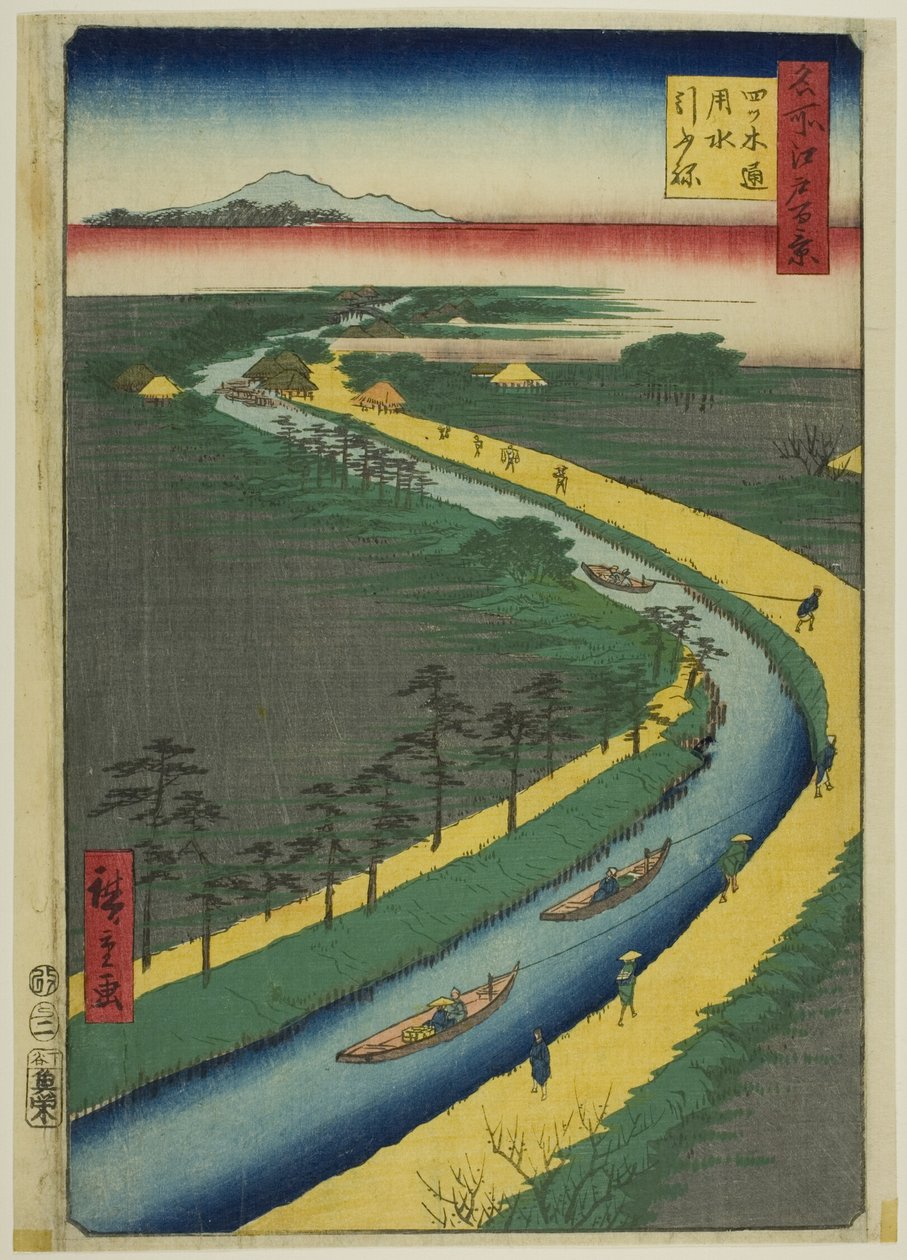 Rimorchiatori lungo il canale Yotsugidori (Yotsugidori yosui hikifune), dalla serie "Cento vedute famose di Edo (Meisho Edo hyakkei)". da Utagawa Hiroshige