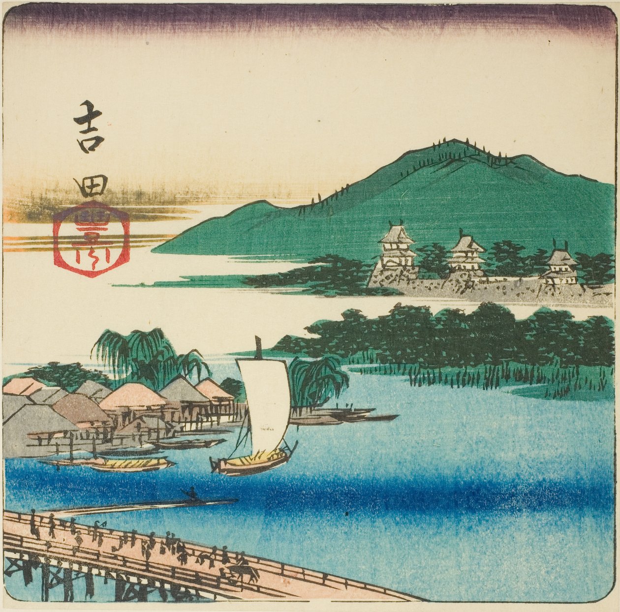 Fiume Toyo a Yoshida (Yoshida, Toyokawa), sezione di un foglio dalla serie "Ritagli delle cinquantatré stazioni (Gojusan tsugi harimaze)" da Utagawa Hiroshige
