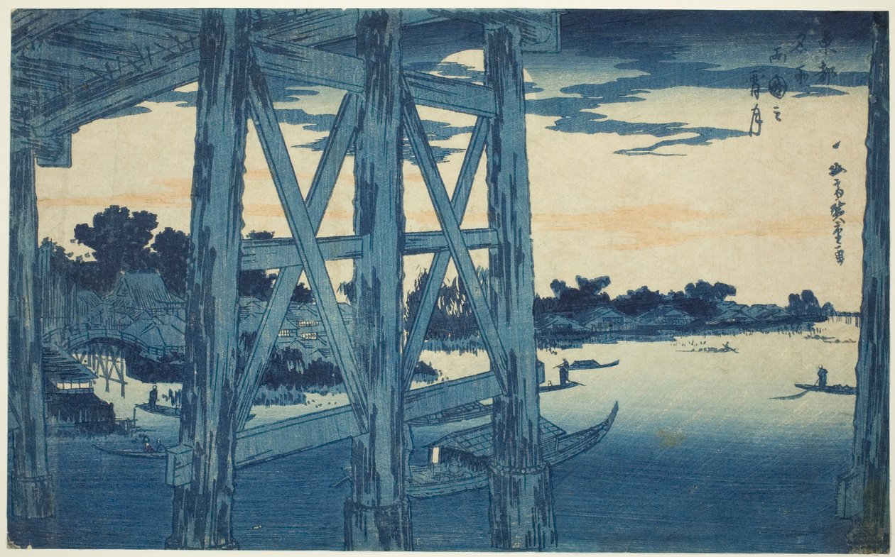 Luna al crepuscolo al ponte Ryogoku (Ryogoku no yoizuki), dalla serie "Vedute famose della capitale orientale (Toto meisho)" da Utagawa Hiroshige