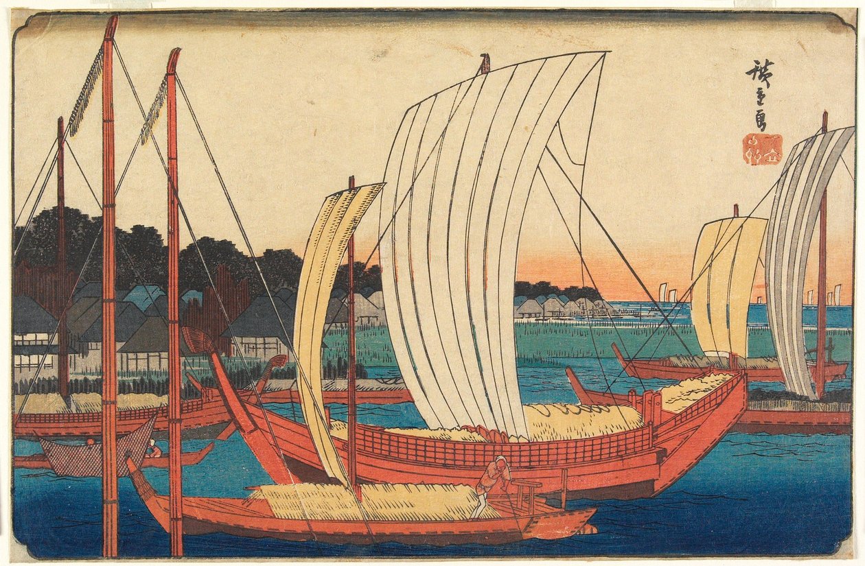 Veduta di barche che entrano nel porto di Tsukudajima da Utagawa Hiroshige