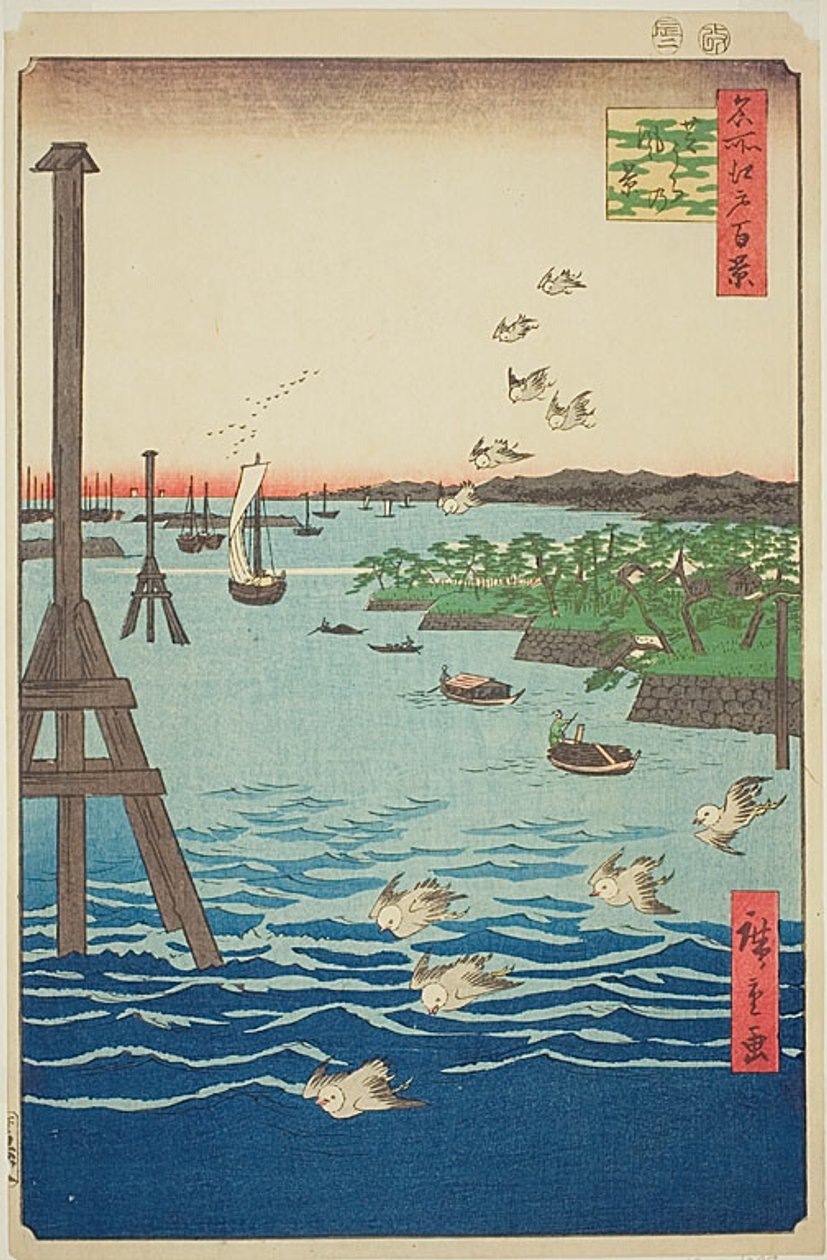 Veduta della costa di Shiba (Shibaura no kei), con acqua blu chiaro e scuro, n. 108 della serie Cento vedute famose di Edo (Meisho Edo hyakkei) da Utagawa Hiroshige