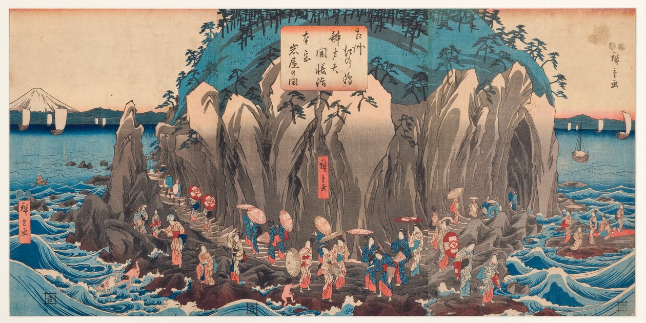 Vista di un pellegrinaggio alla grotta e al santuario di Benzaiten a Enoshima, Sagami, c.1850-51 da Utagawa Hiroshige