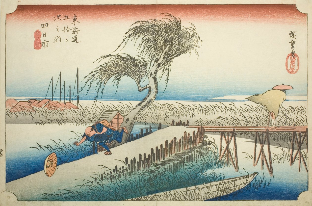 Yokkaichi: Fiume Mie (Yokkaichi, Miegawa), dalla serie "Le cinquantatré stazioni del Tokaido (Tokaido gojusan tsugi no uchi)", conosciuta anche come Hoeido Tokaido da Utagawa Hiroshige