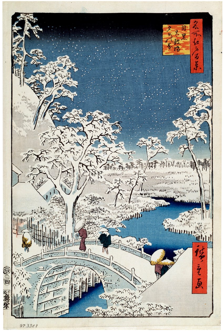 Collina Yuhi e il ponte del tamburo a Meguro, Cento vedute famose di Edo da Utagawa Hiroshige