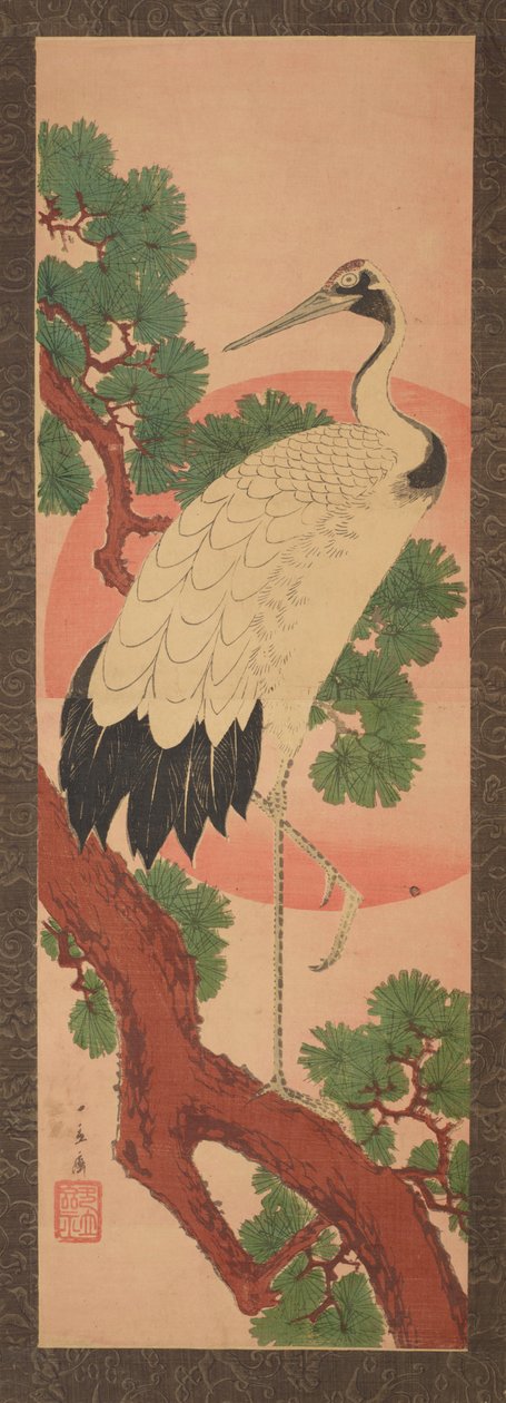 Kranich auf einem Kiefernzweig vor der Sonnenscheibe da Utagawa Hiroshige