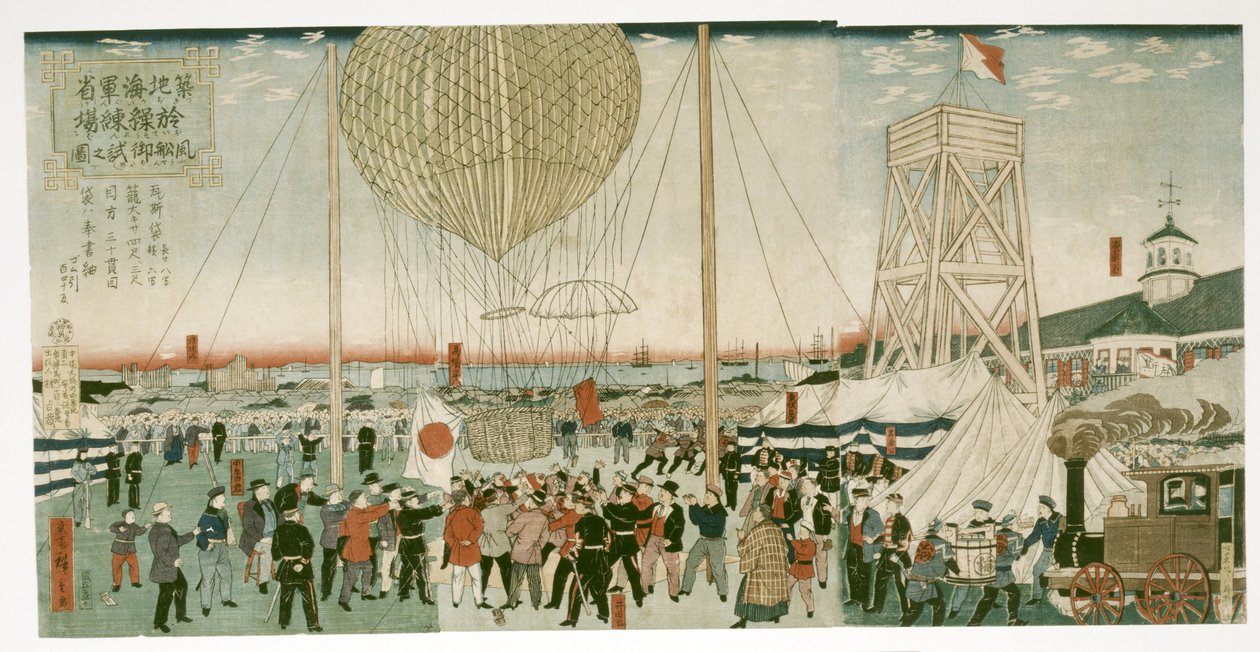 Marina giapponese che testa una mongolfiera a Tsukiji da Utagawa Hiroshige III