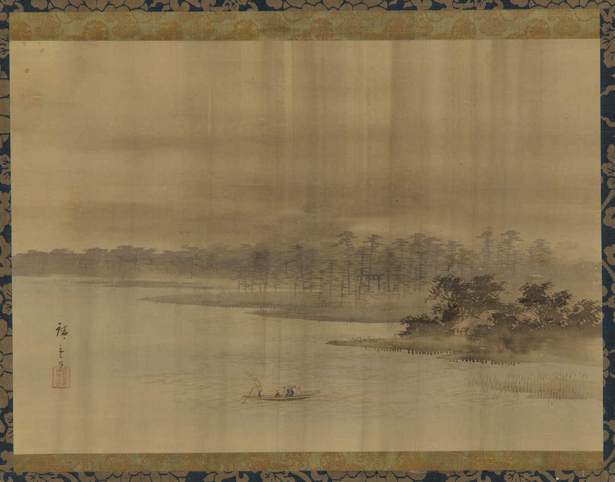 Paesaggio fluviale e tempio nella pioggia da Utagawa Hiroshige II