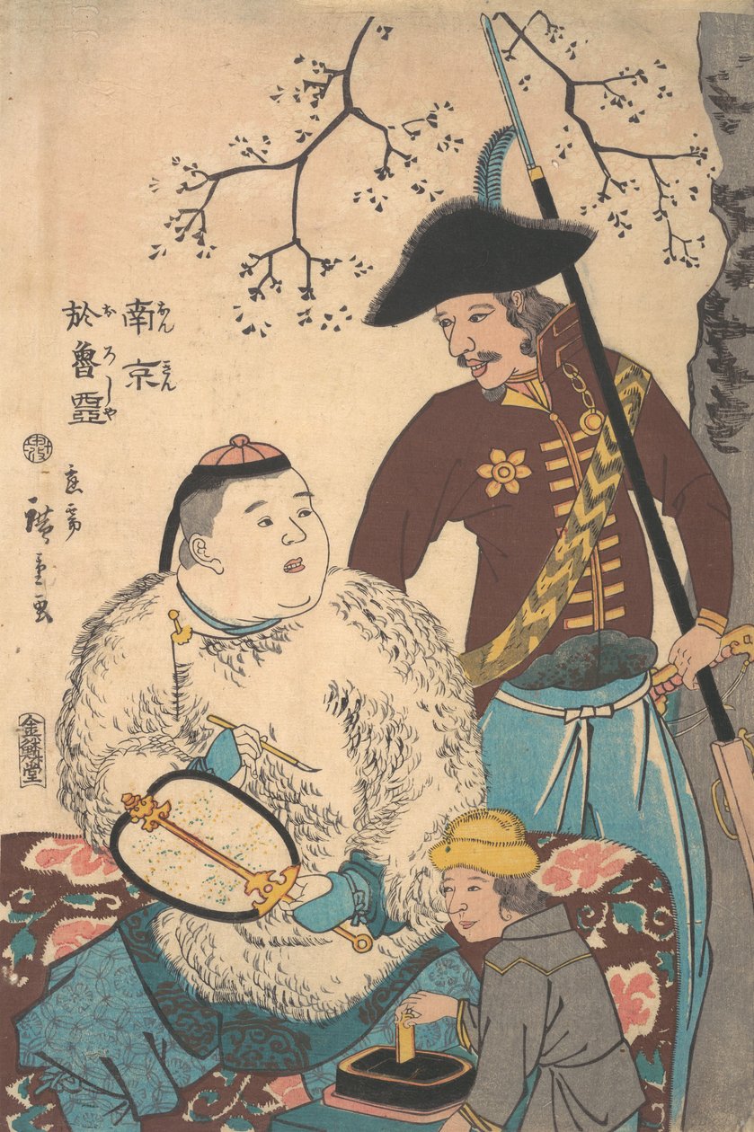 Russi e un cinese che iscrive un ventaglio, 12° mese, 1860 da Utagawa Hiroshige II