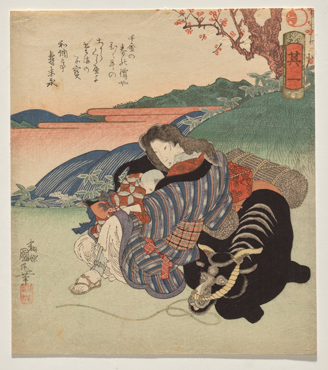 Donna e ragazzo che riposano contro un bue da Utagawa Kunimaru