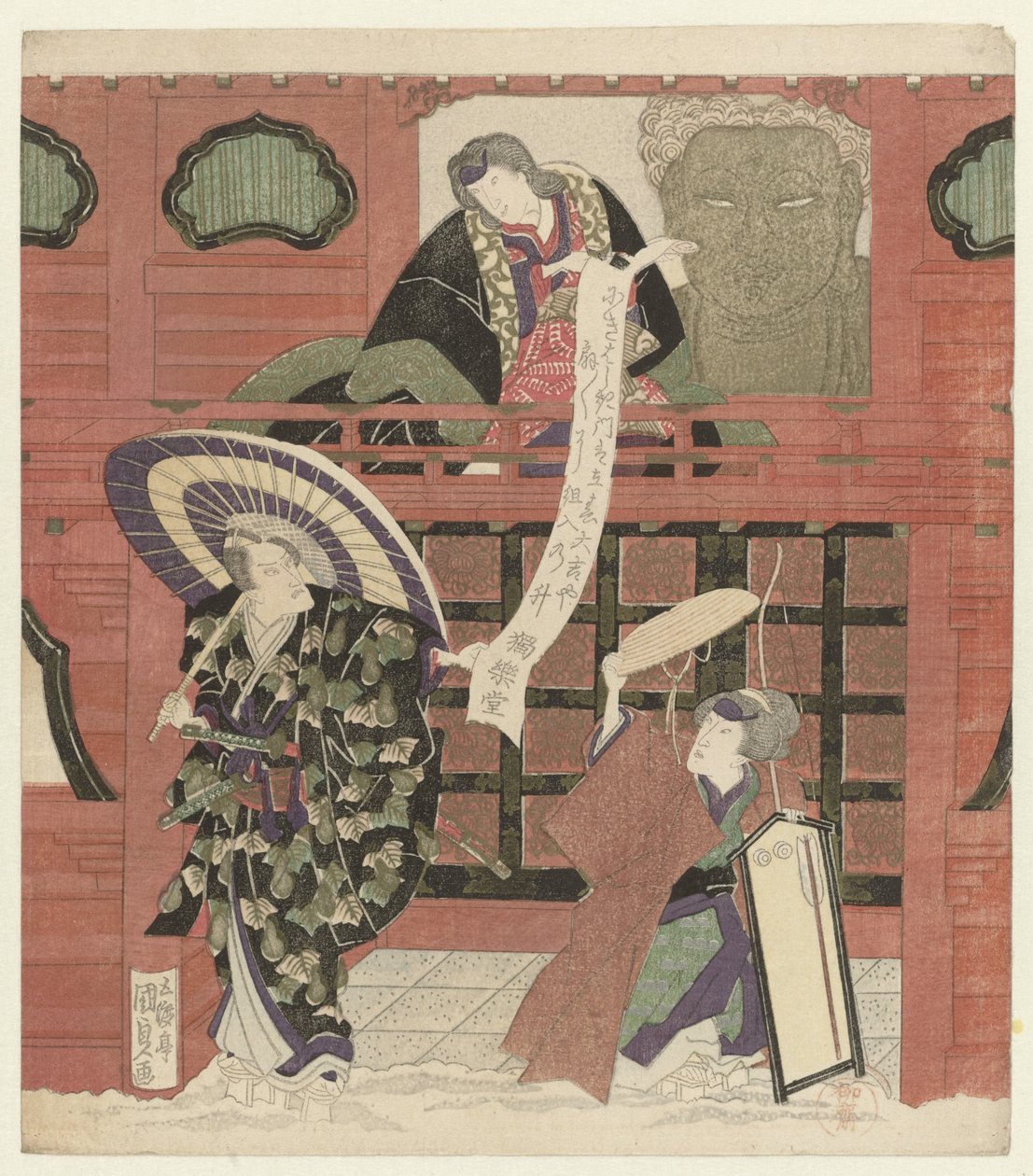 Tre attori presso un portale del tempio da Utagawa Kunisada (I)