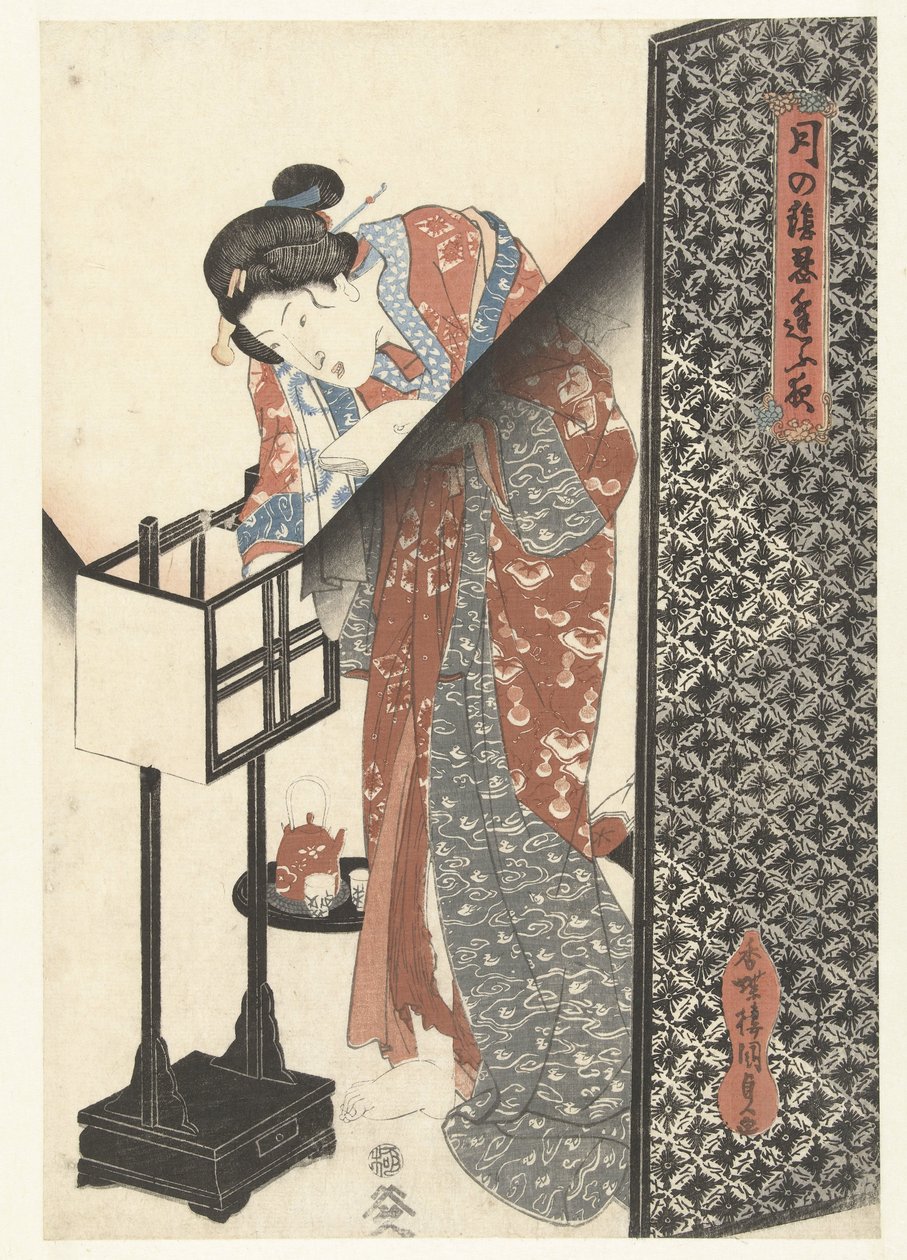 Donna vicino alla lampada (appuntamenti segreti notturni al chiaro di luna) da Utagawa Kunisada (I)