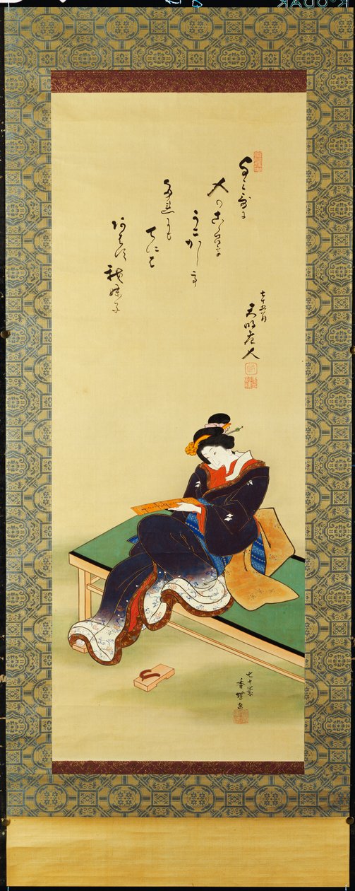 Una donna seduta su una panchina che tiene una carta di poesia, c.1855 da Utagawa Kunisada