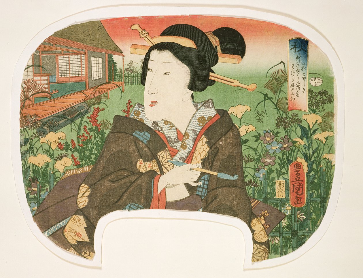 Autunno, Hanayashiki: Una geisha con una pipa, disegno per un ventaglio da un set di quattro che illustrano le stagioni da Utagawa Kunisada