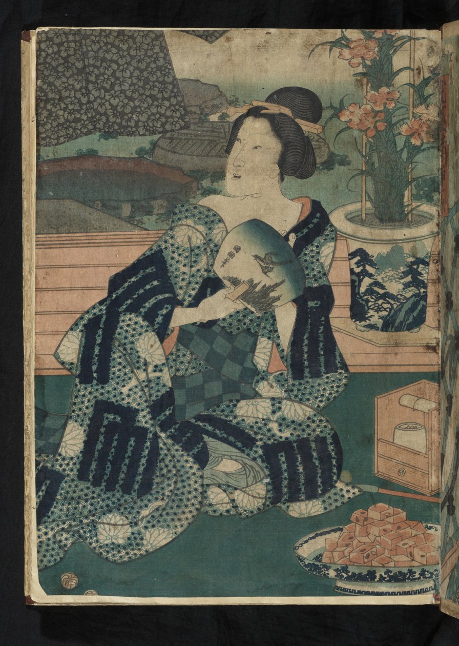 Avant et après - Donna giapponese seduta che si ventila da Utagawa Kunisada
