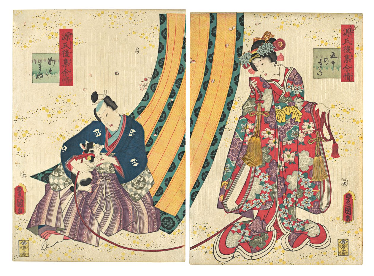 Parodia della Terza Principessa e Kashiwagi: Capitolo 50: Una capanna a est, 1858, secondo mese da Utagawa Kunisada