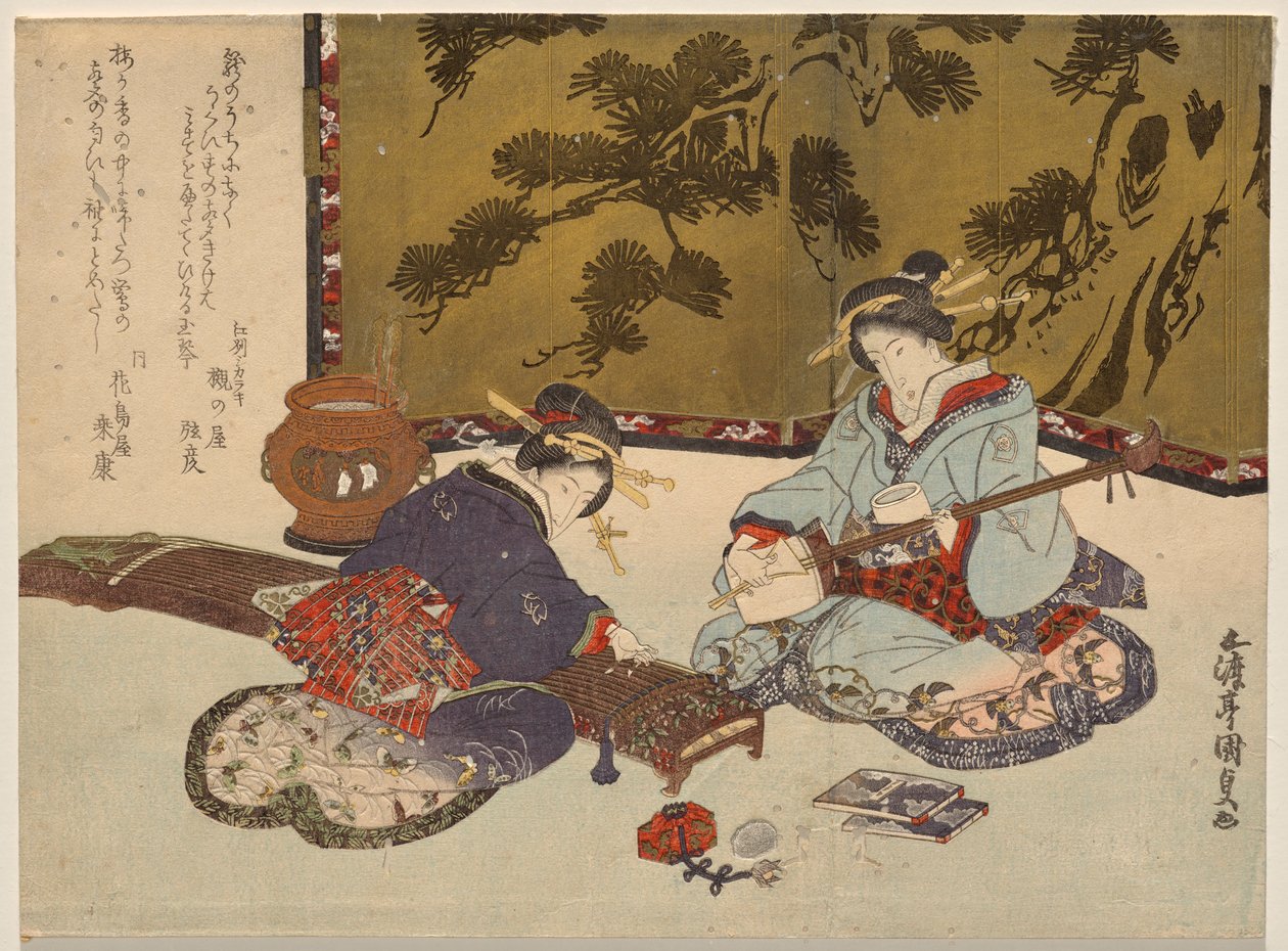 Due cortigiane che suonano strumenti musicali da Utagawa Kunisada
