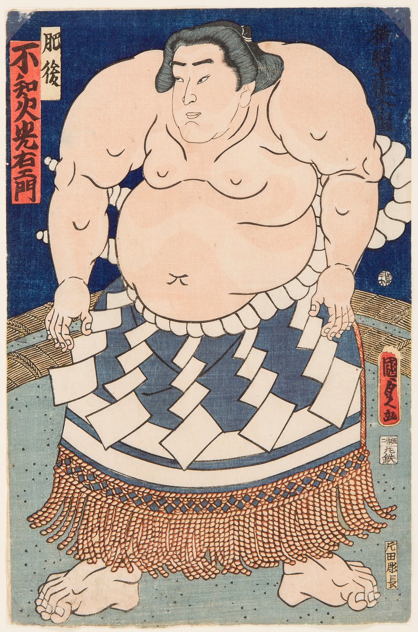 Ritratto del lottatore di sumo Shiranui Mitsuemon con un grembiule rituale da Utagawa Kunisada II
