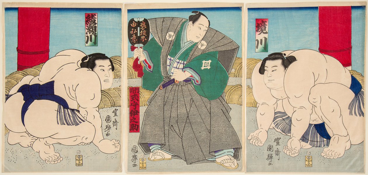 Combattimento dei lottatori di sumo Shakaigawa e Ayasemawa da Utagawa Kuniteru