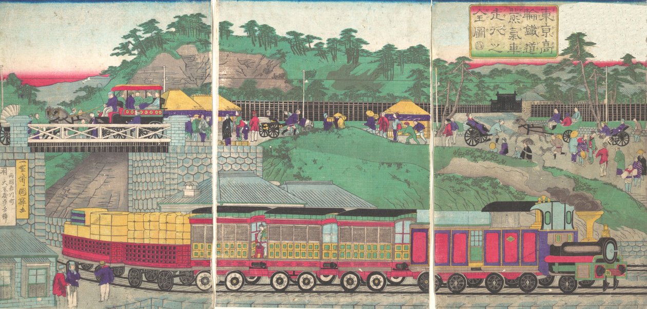 Illustrazione di una locomotiva a vapore che corre sulla ferrovia di Takanawa a Tokyo, ca. 1873 da Utagawa Kuniteru