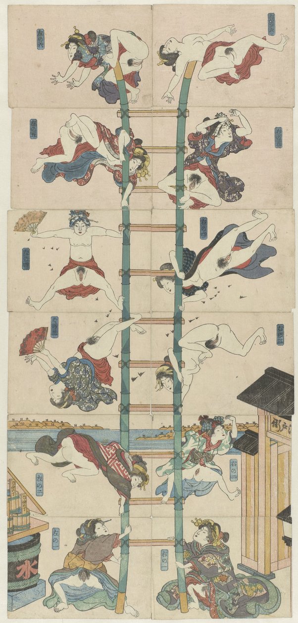Serie di dodici koban Shunga con prostitute nel ruolo di pompieri acrobatici da Utagawa Kuniyoshi (school of)