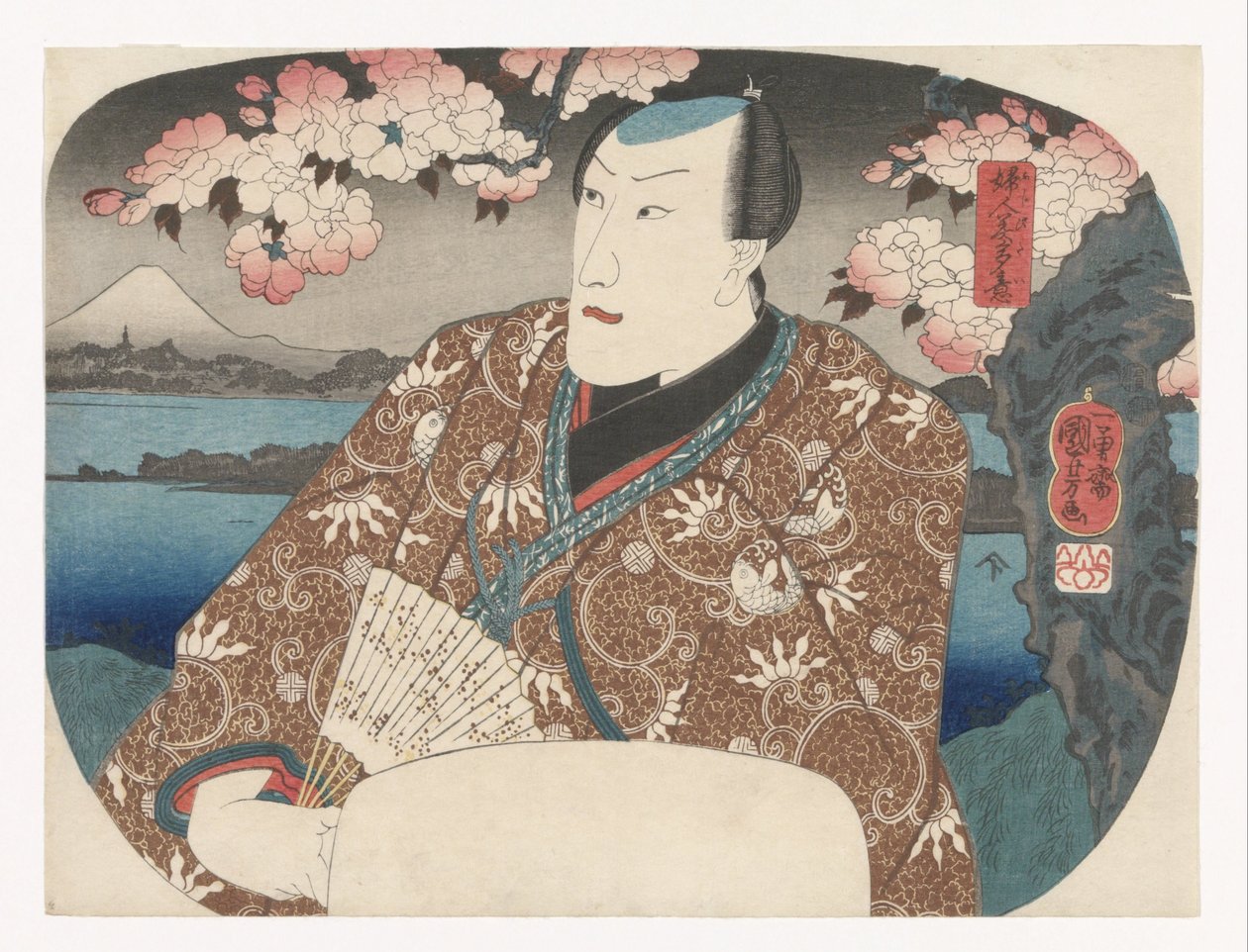 Attore con ventaglio sotto i fiori di ciliegio da Utagawa Kuniyoshi