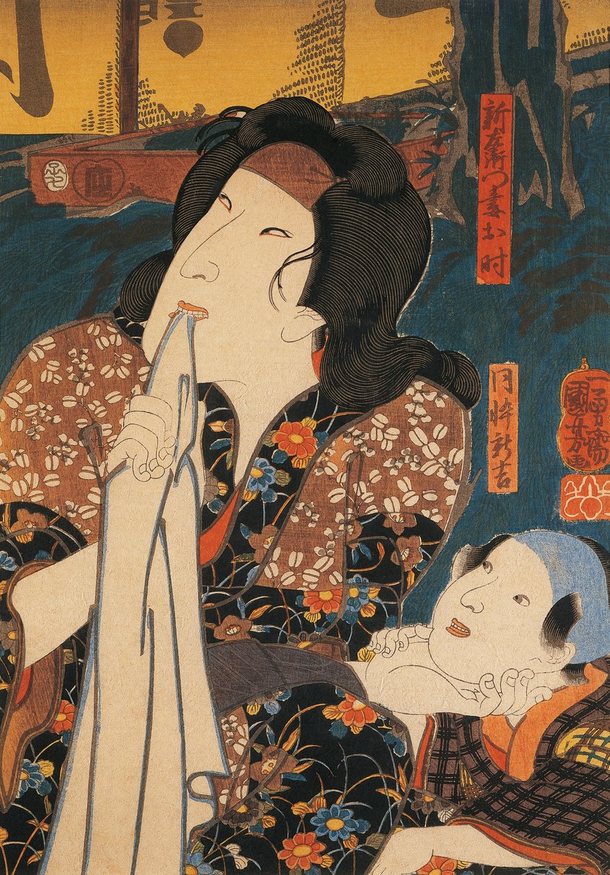 Attore in posa pensierosa accanto a un bambino da Utagawa Kuniyoshi