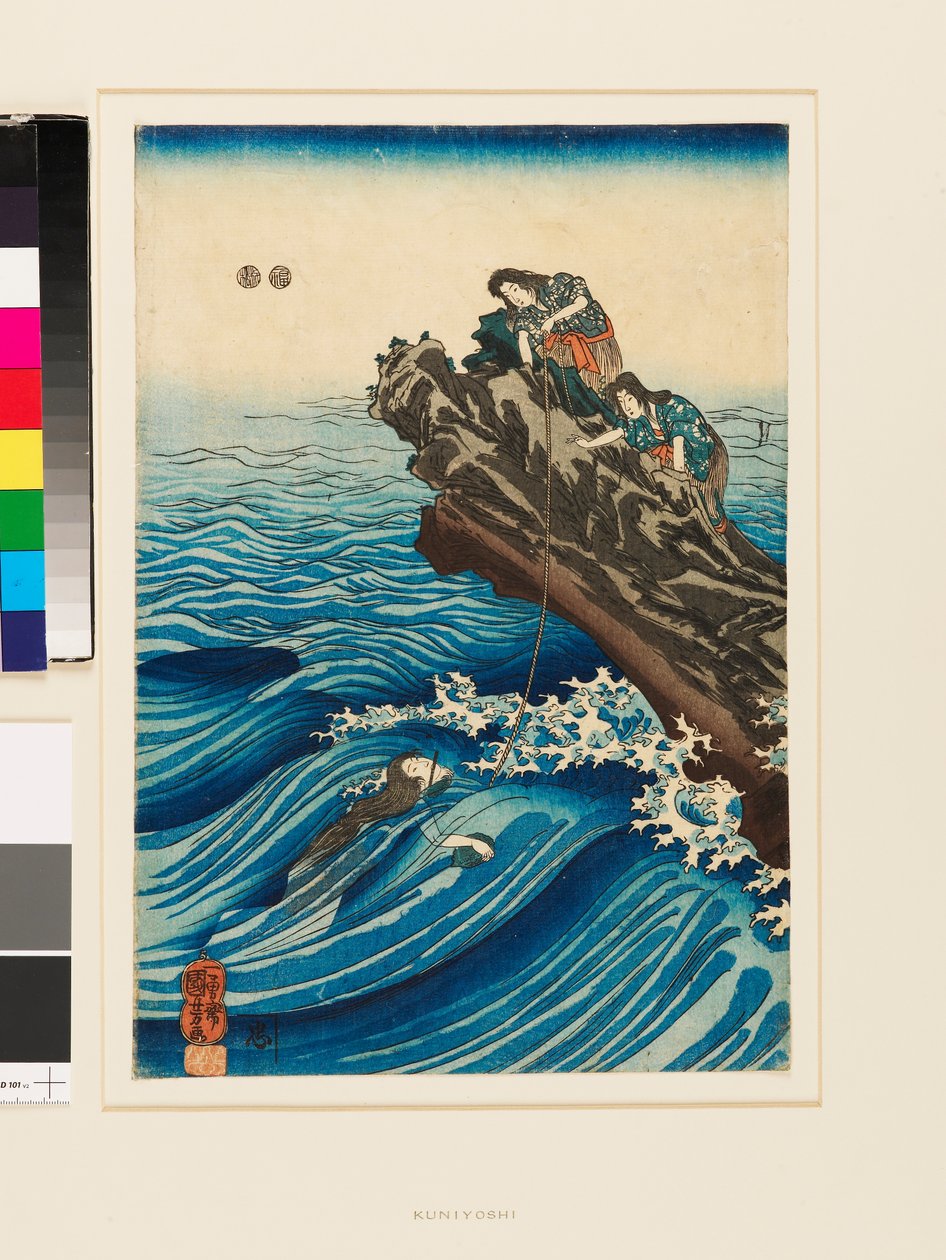 Ama che nuota verso una roccia su cui si trovano altre due ama da Utagawa Kuniyoshi