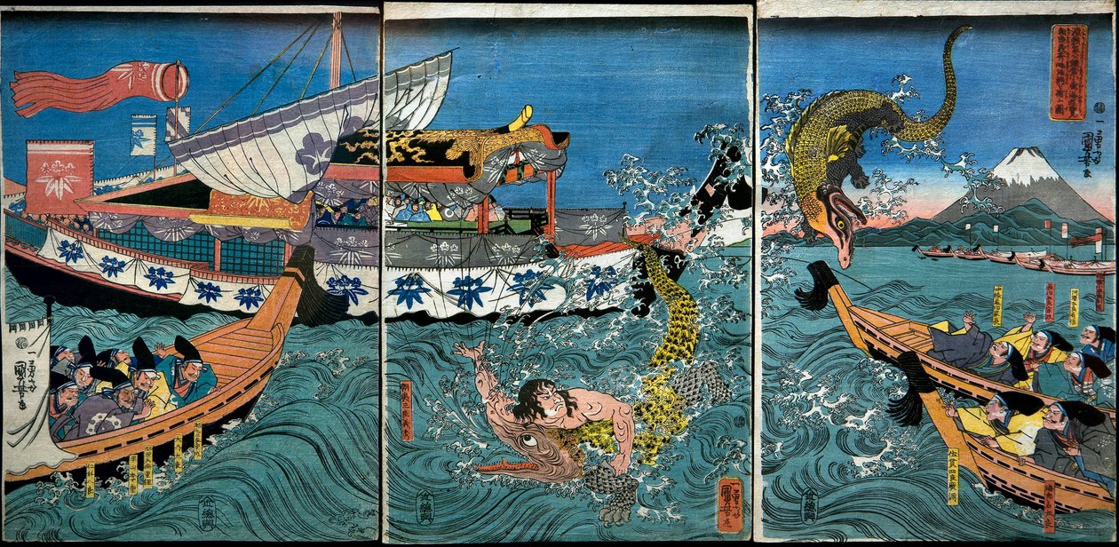 La lotta di Asahina Yoshihide con due coccodrilli nel mare al largo di Kamakura Kotsubo da Utagawa Kuniyoshi