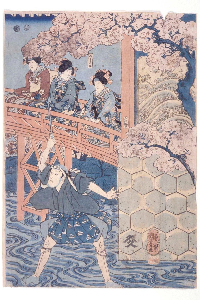 Bandō Hikosaburō IV nel ruolo di Ashikaga Yoshimasa e Ichikawa Kodanji IV nel ruolo di Asakura Tōgo dalla pièce kabuki Higashiyama sakura sōshi da Utagawa Kuniyoshi