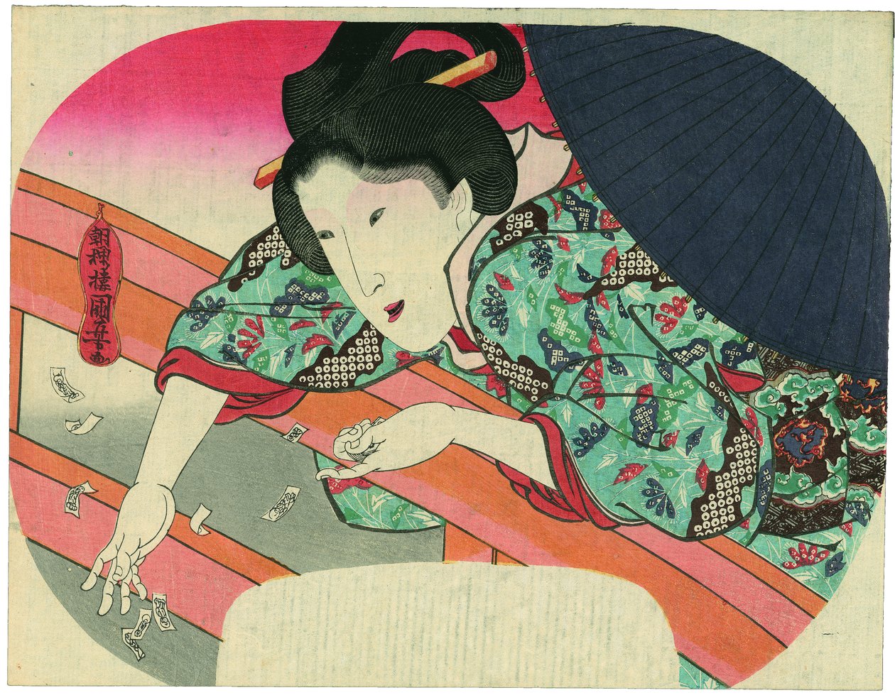 Una bellezza getta nel fiume Sumida foglietti di preghiera per il bodhisattva Jizō per placare gli spiriti degli annegati da Utagawa Kuniyoshi
