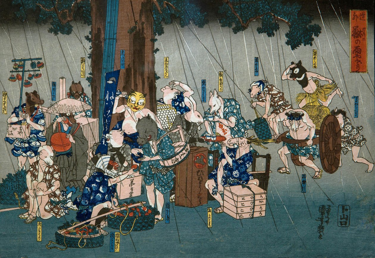 Animali Comici che si Riparano dalla Pioggia, c.1842 da Utagawa Kuniyoshi